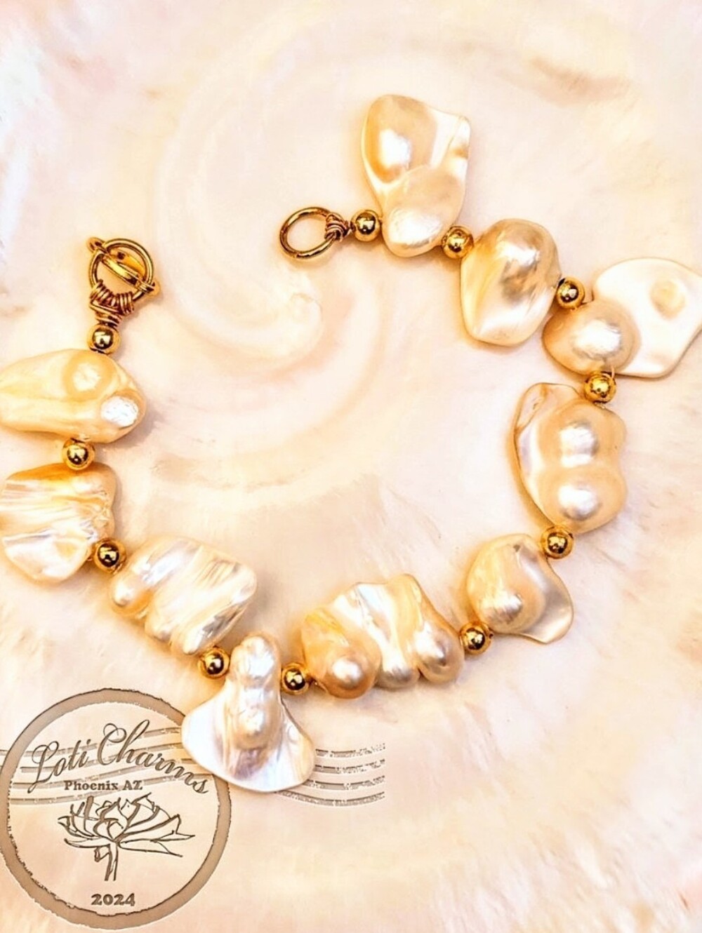 Natural Baroque Keshi Petal Free Form White Pearls In Gold Bracelet
